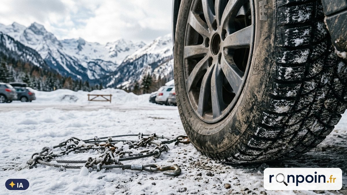 Image générée par intelligence artificielle Roue équipée d'un pneu hiver et chaînes à neige posées sur la neige en montagne — illustration générée par IA