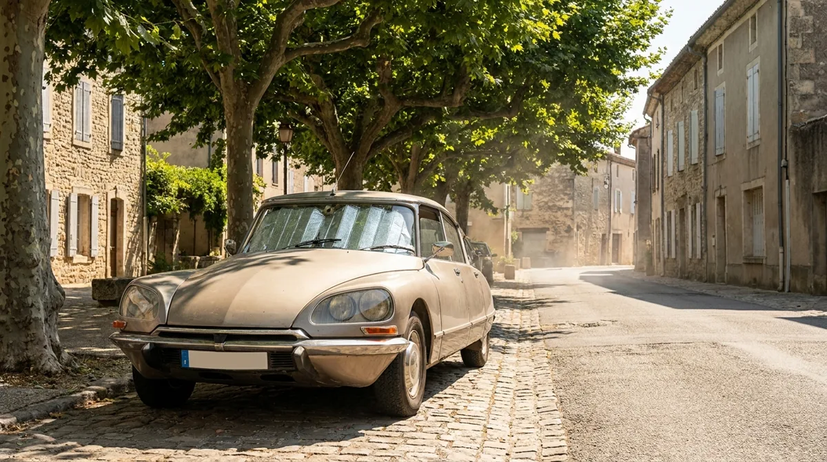 Citroën DS beige stationnée à l'ombre des platanes avec un pare-soleil derrière le pare-brise, village provençal en été