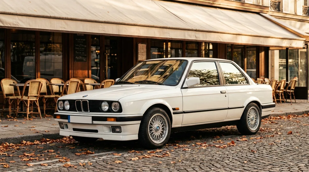 BMW Série 3 E30 blanche des années 80, un youngtimer emblématique, garée devant un café parisien