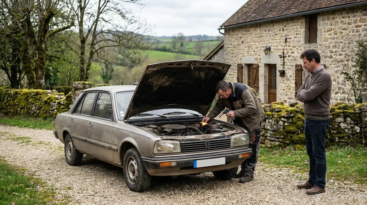 Un homme inspecte à la lampe le moteur d'une Peugeot 505 capot ouvert sous le regard du vendeur, devant une maison en pierre