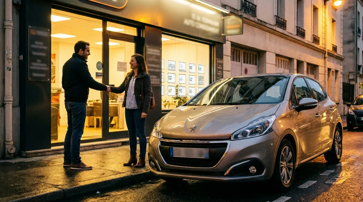 Poignée de main entre un conseiller et un client devant une agence de dépôt-vente automobile le soir