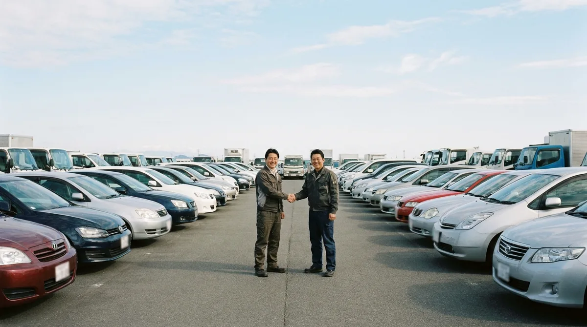 Deux professionnels de l'automobile se serrant la main sur un parc de véhicules d'occasion multimarques