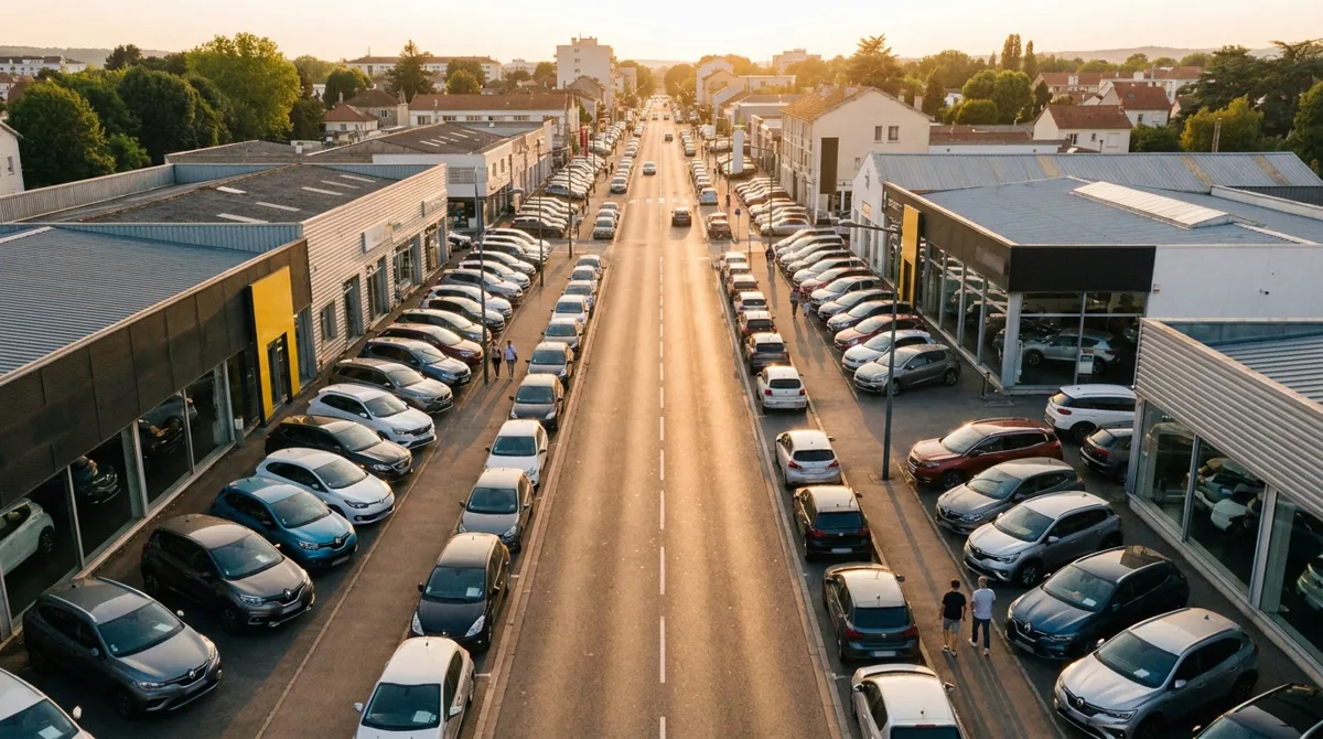 Boulevard automobile français avec ses vitrines et showrooms de véhicules d'occasion au coucher du soleil
