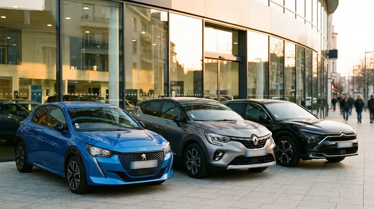 Façade d'une agence automobile de centre-ville avec véhicules d'occasion exposés, illustration du modèle d'agence