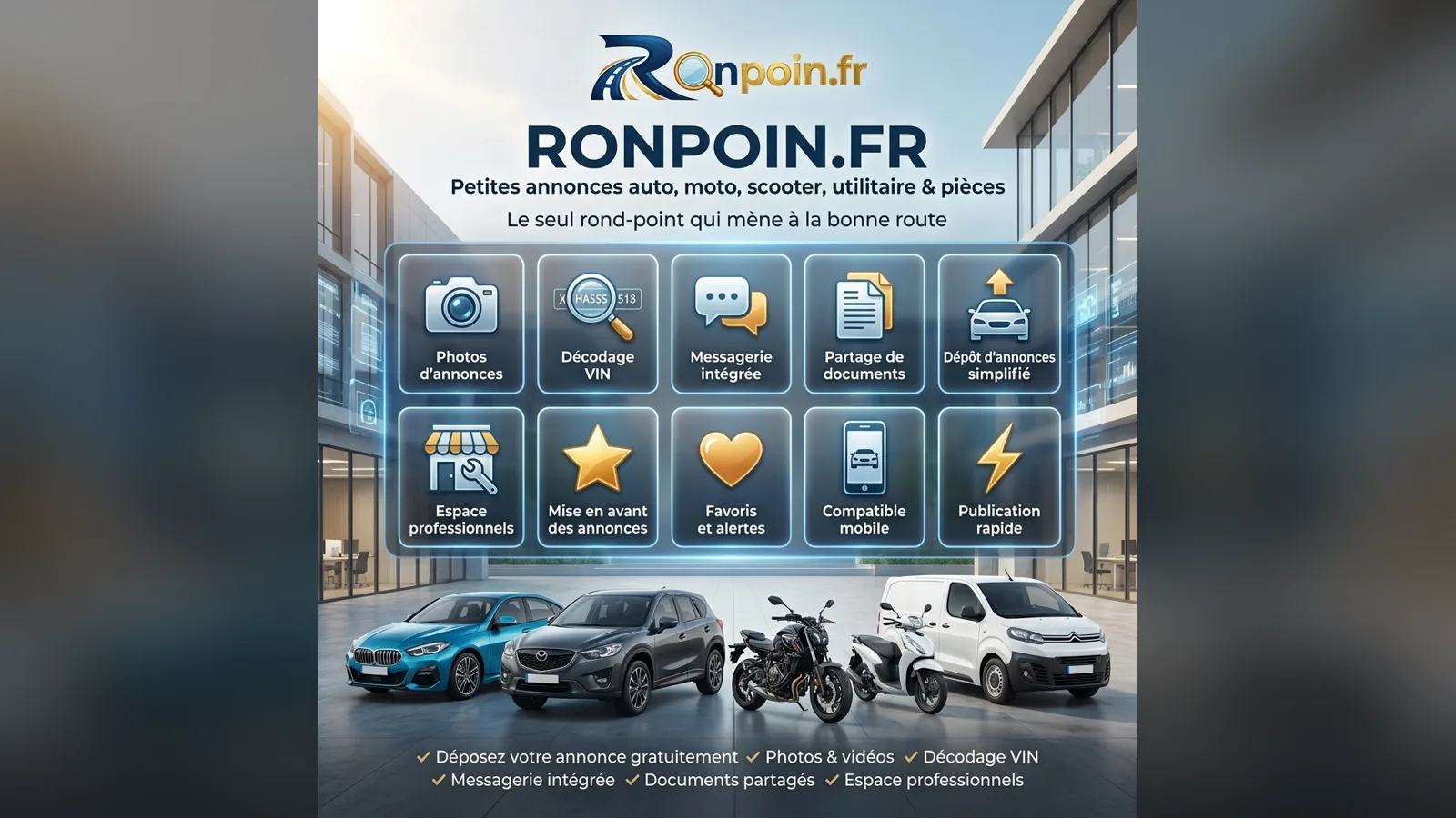 Les fonctionnalités de Ronpoin.fr : photos, décodage VIN, messagerie, partage de documents, espace professionnels