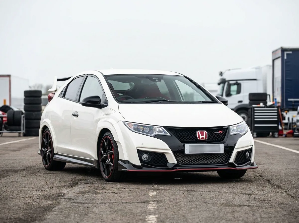 Honda Civic Type R FK2 blanche avec aileron, vue de trois quarts avant dans un paddock