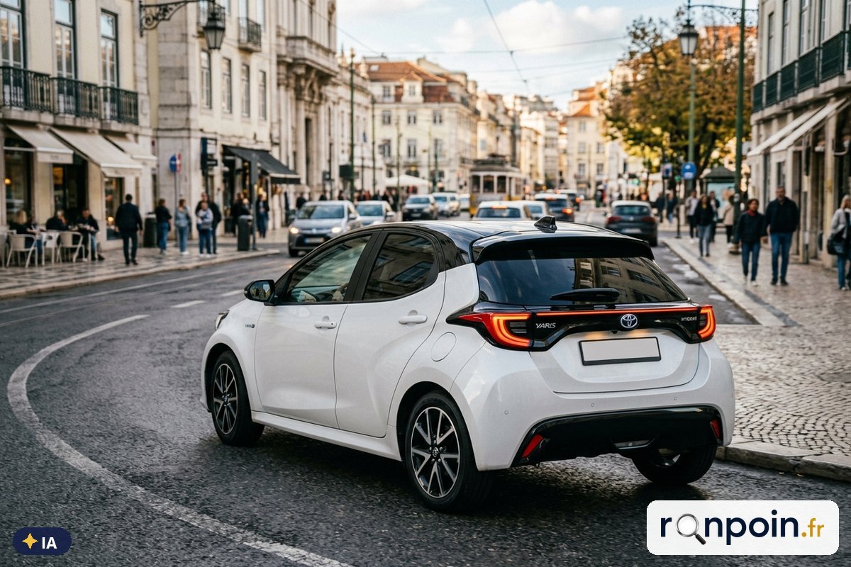 Toyota Yaris hybride blanche de trois quarts arrière — illustration générée par IA