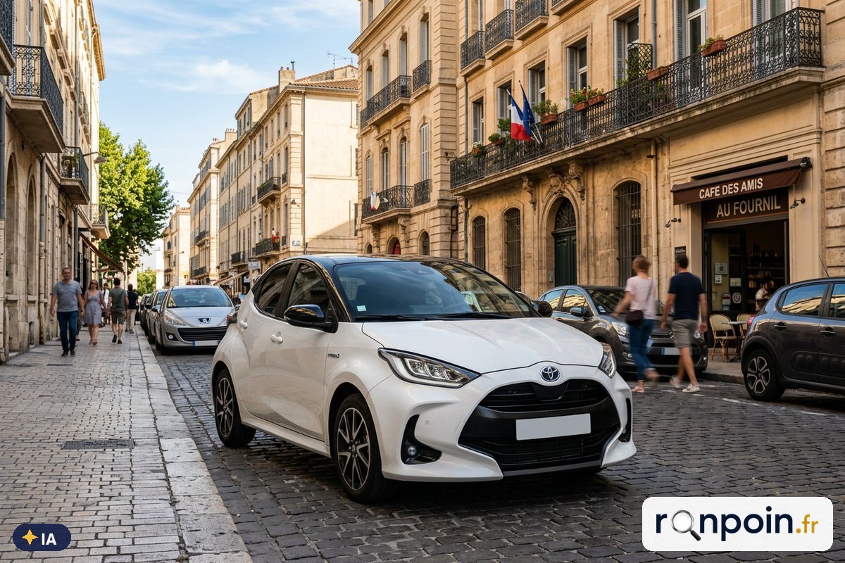 Image générée par intelligence artificielle Toyota Yaris hybride blanche de trois quarts avant — illustration générée par IA