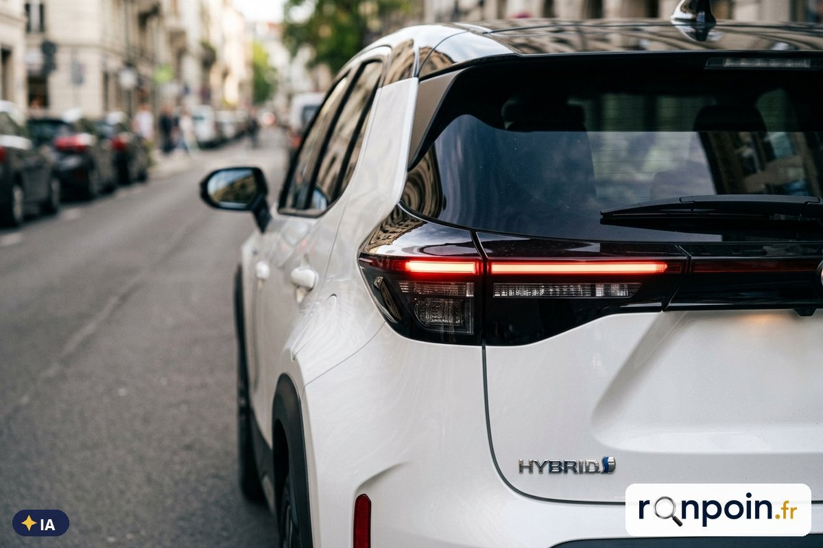 Feu arrière et badge hybride d'une Toyota Yaris — illustration générée par IA