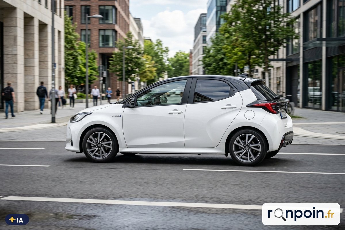 Toyota Yaris hybride blanche de profil — illustration générée par IA