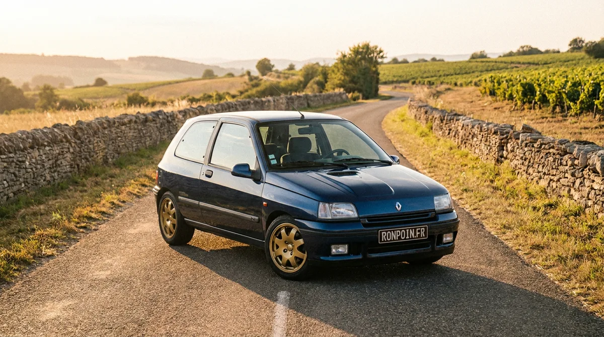 Renault Clio Williams bleue avec jantes or sur une petite route de campagne au soleil couchant